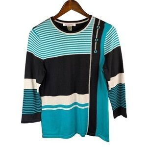 Allison Daley Pullover Sweater Black Teal Gray Sz Small Crew Neck Long Sleeve